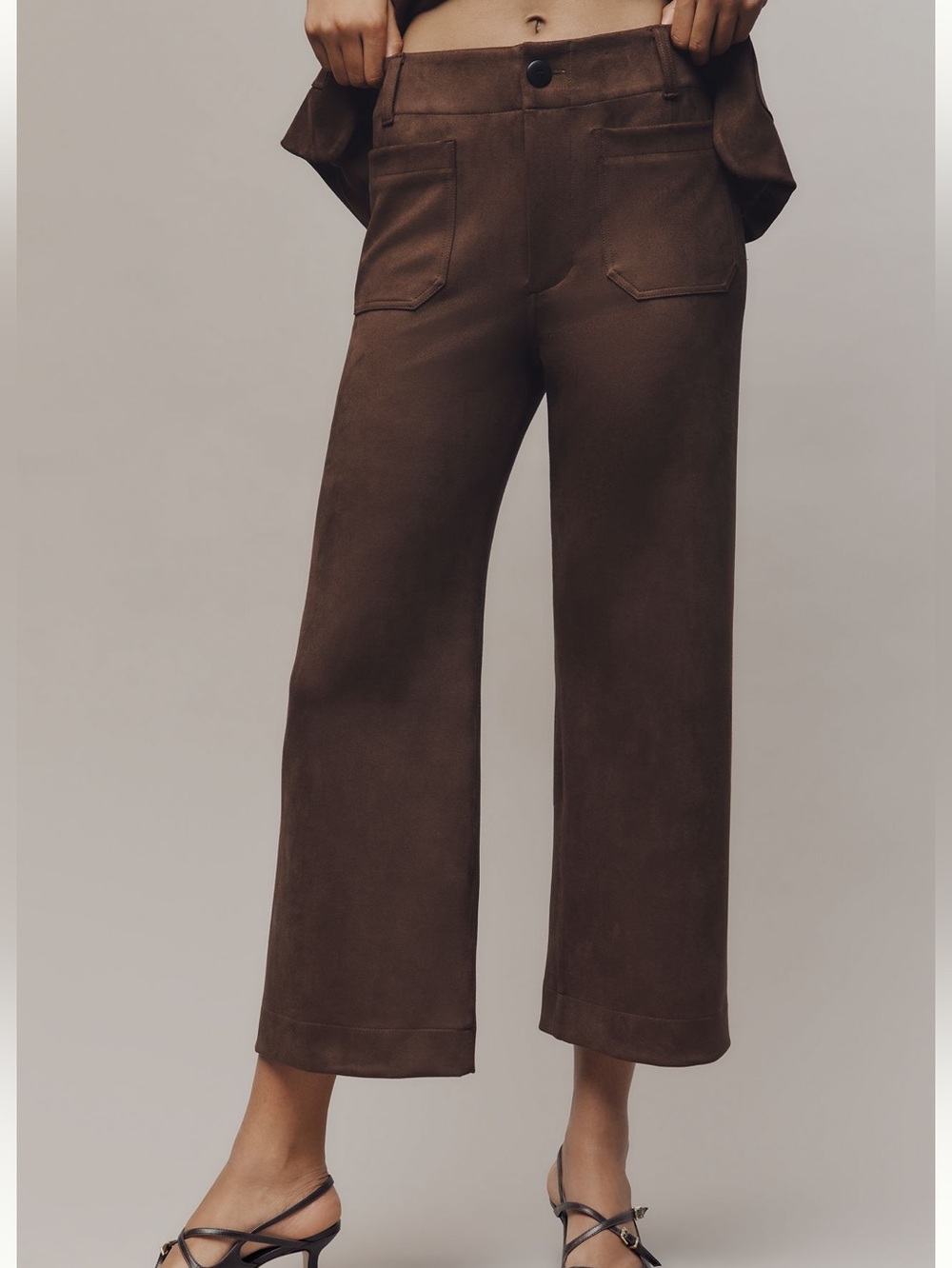 Anthropologie Colette Pants Maeve Cropped Wide-Leg High-Rise Suede Pants Brown